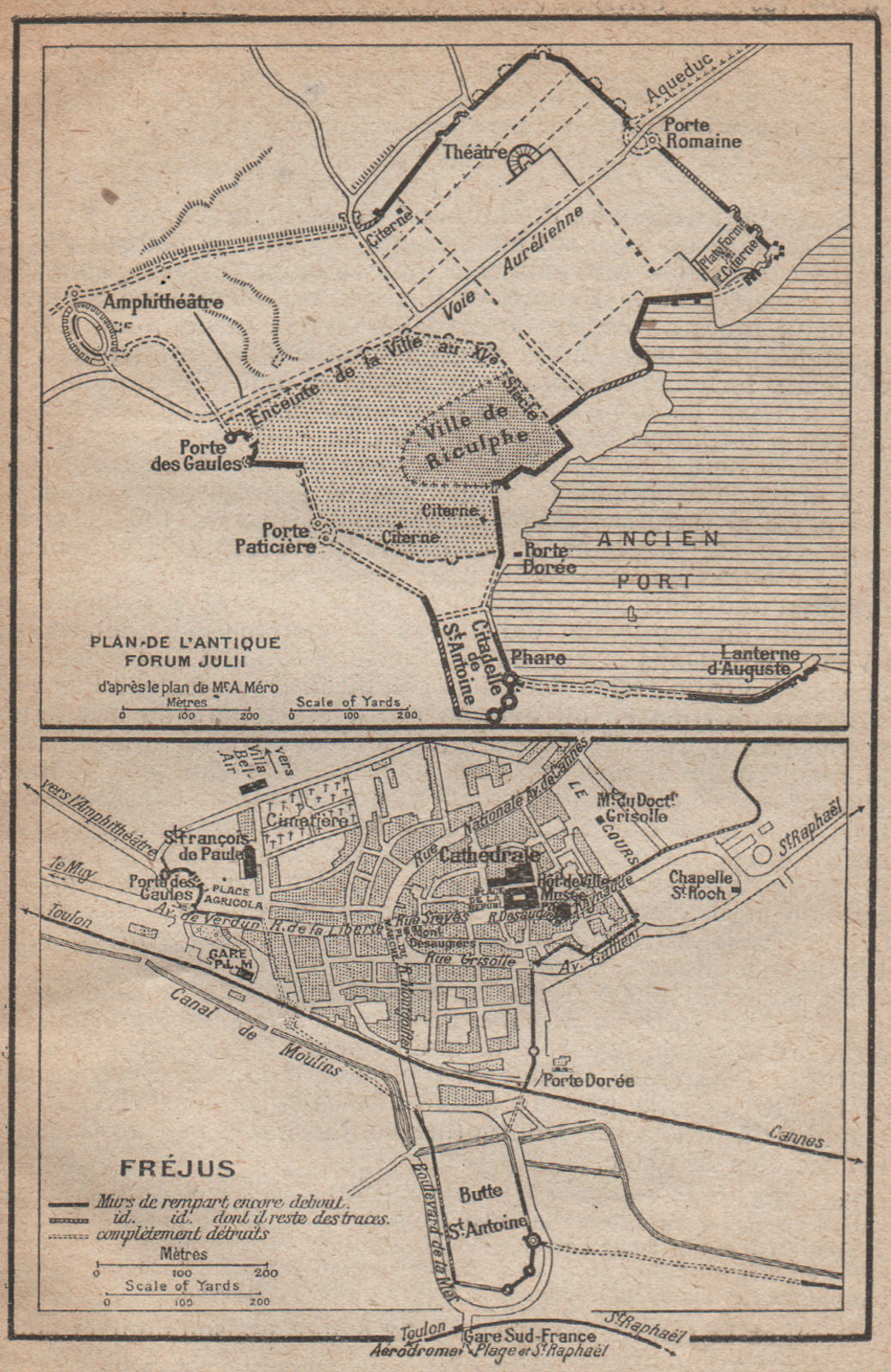 FRÈJUS. Vintage plan of the modern town and Roman FORUM JULII. Var 1925 map